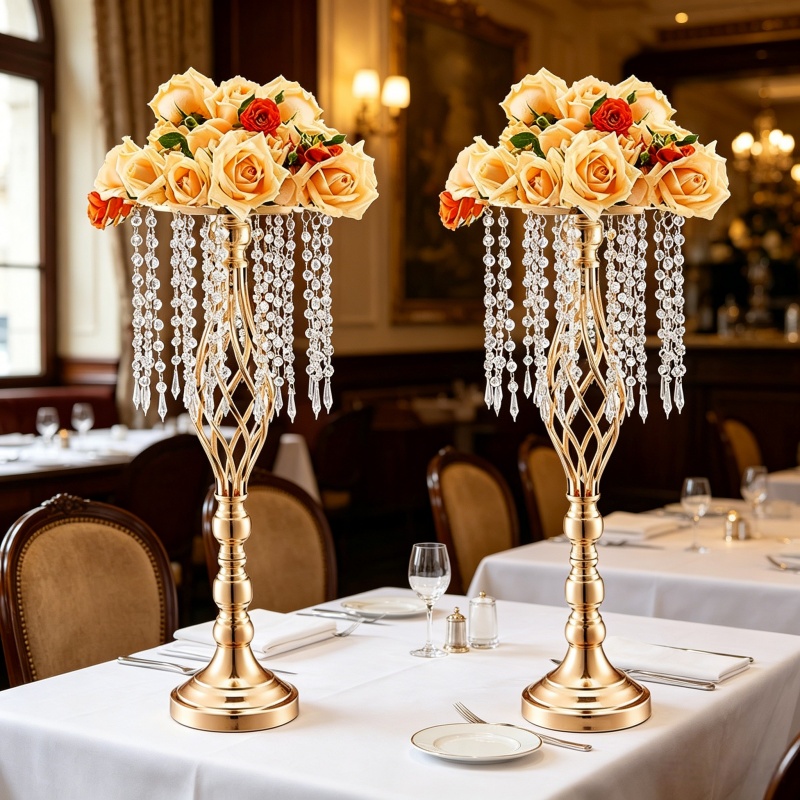 Centerpiece Vase Tall - Elegant Tall Gold Crystal Flower Holder